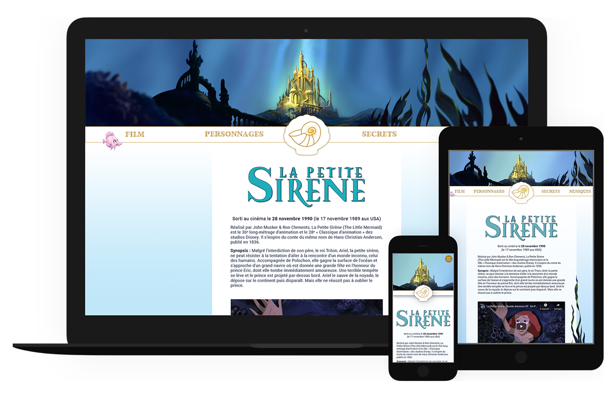 Aperçu du site internet la petite sirène sur différents écrans : ordinateur, tablette, portable