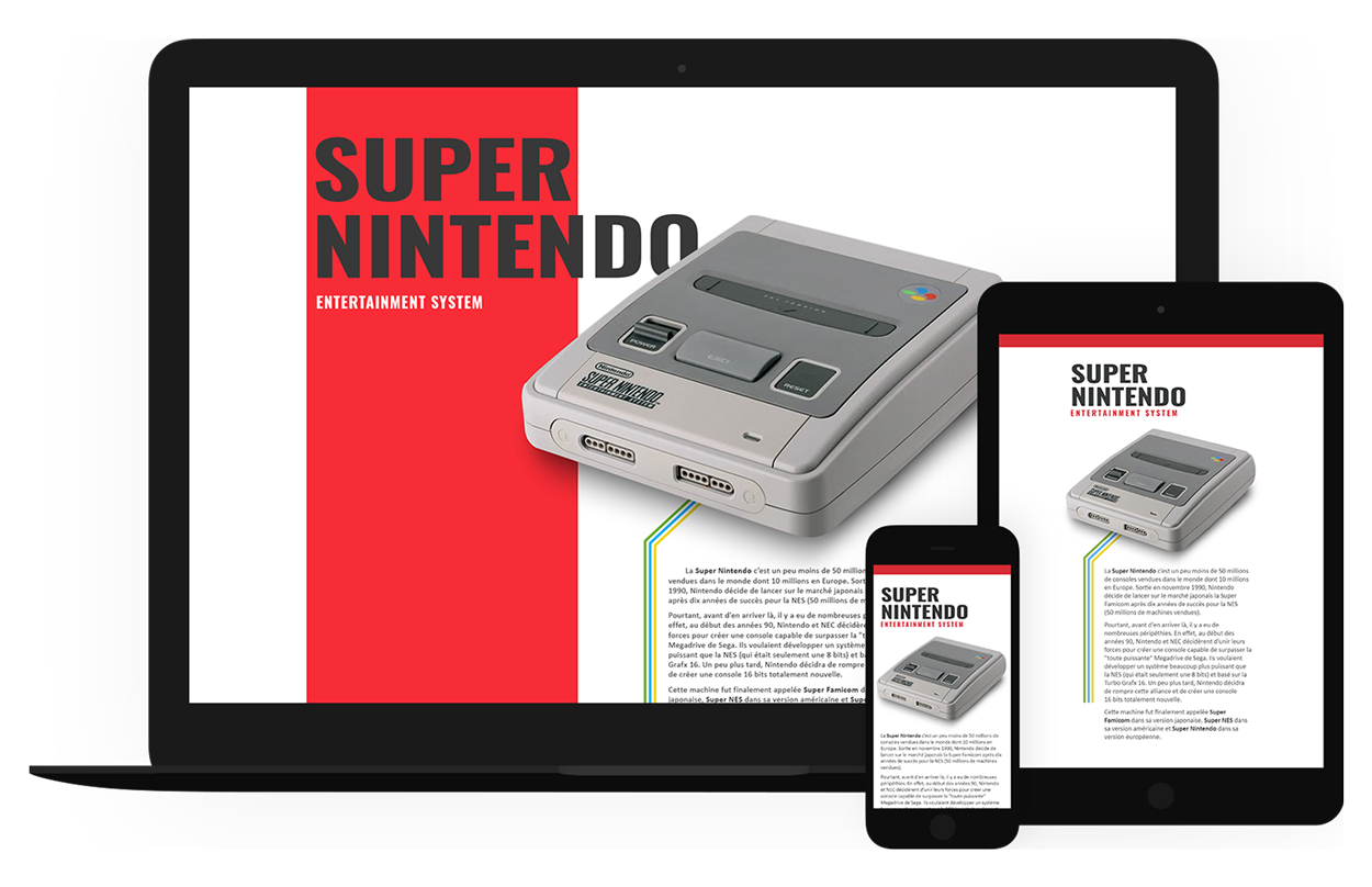 Aperçu du site internet Super Nintendo sur différents écrans : ordinateur, tablette, portable