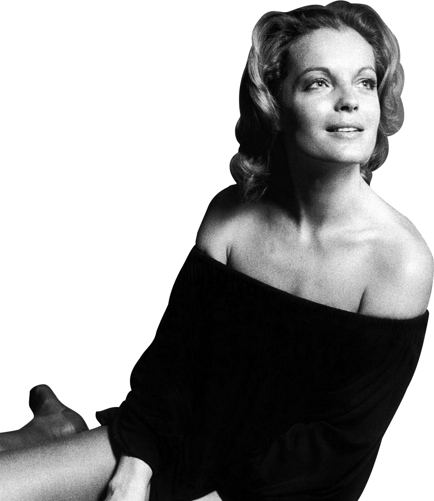 photo de Romy Schneider, en noir et blanc, assise parterre